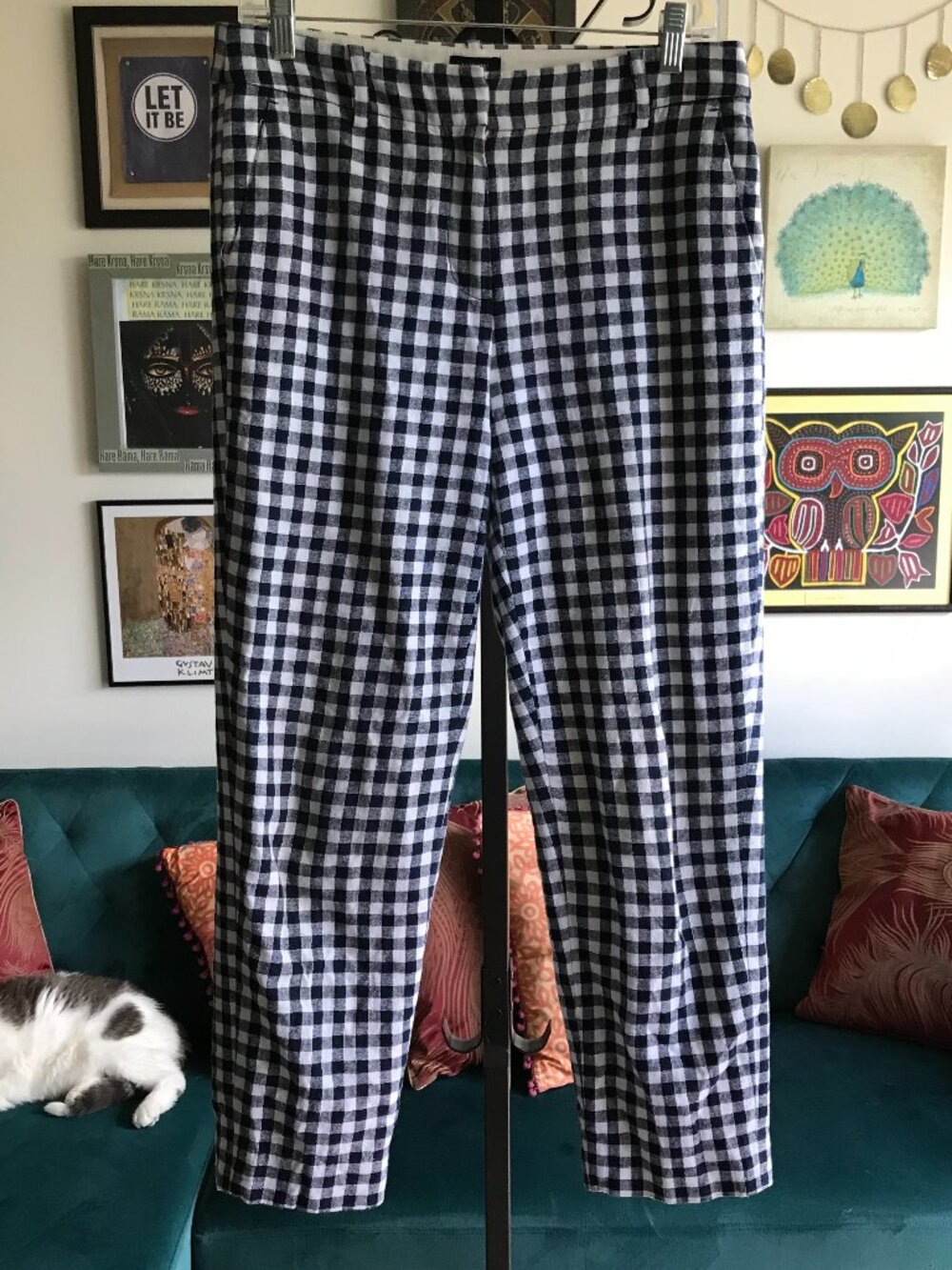 J CREW size 4 Navy Blue & White Gingham Check Cropped Pants